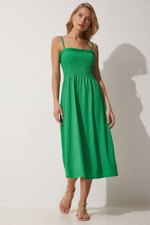 Женское летнее вязаное платье с зеленым ремешком и эластичной резинкой на талии CE00071