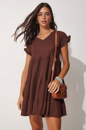Женское коричневое летнее расклешенное трикотажное платье с v-образным вырезом и воланами DZ00079
