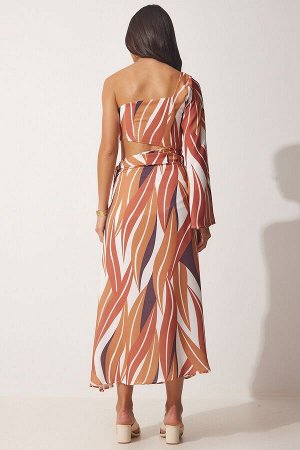 Женское элегантное атласное платье карамельного цвета на одно плечо DM00127