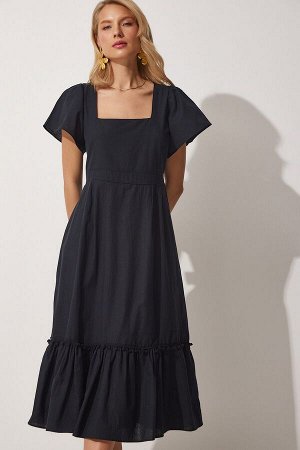 Женское льняное платье черного цвета с квадратным воротником JH00046