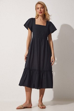 Женское льняное платье черного цвета с квадратным воротником JH00046