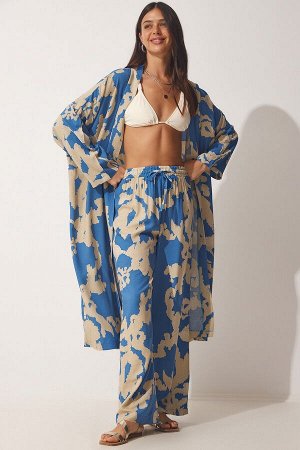Женское сине-бежевое кимоно-палаццо с узором из вискозы, комплект CI00086