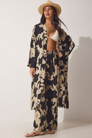 Женское черно-бежевое кимоно-палаццо с узором из вискозы, комплект CI00086