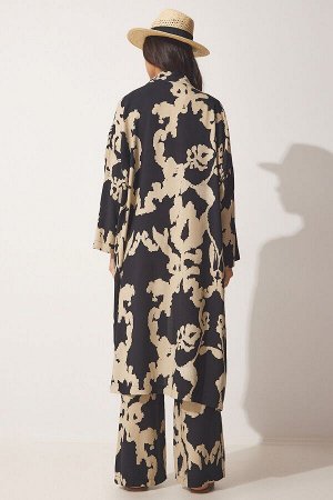 Женское черно-бежевое кимоно-палаццо с узором из вискозы, комплект CI00086
