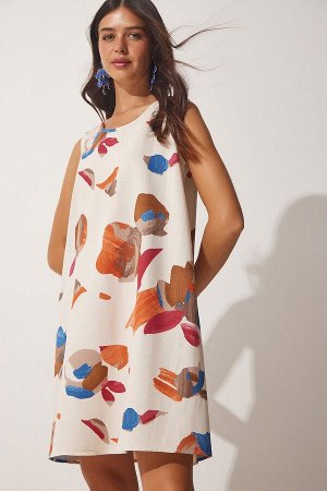 Женское мини-платье из льна и вискозы кирпично-бежевого цвета с рисунком BH00343
