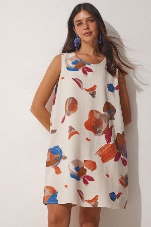 Женское мини-платье из льна и вискозы кирпично-бежевого цвета с рисунком BH00343