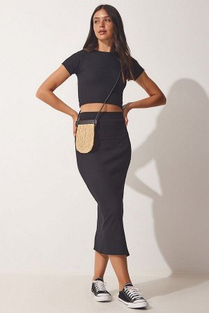 Женский черный летний трикотаж саран, трикотажная блузка и юбка, комплект MW00123