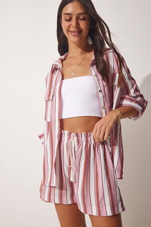 Женский комплект из льняной вискозной рубашки и шорт в розовую полоску DM00126