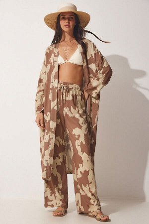 Женское коричнево-бежевое кимоно-палаццо с узором из вискозы, комплект CI00086