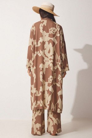 Женское коричнево-бежевое кимоно-палаццо с узором из вискозы, комплект CI00086