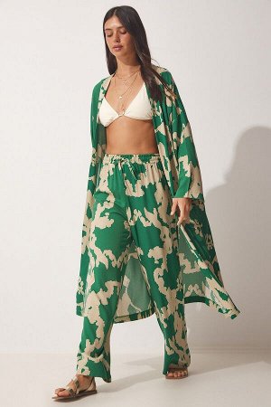 Женский комплект из вискозного кимоно палаццо зеленого бежевого цвета с рисунком CI00086