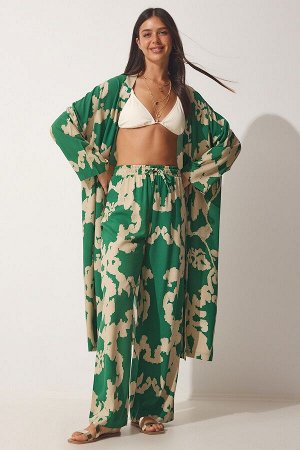 Женский комплект из вискозного кимоно палаццо зеленого бежевого цвета с рисунком CI00086