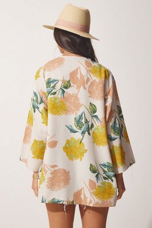 Женское льняное вискозное кимоно желто-бежевого цвета с рисунком BH00381