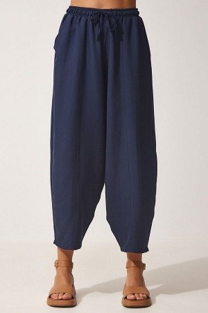 Женские темно-синие льняные вискозные брюки-шалвар с карманами CV00001