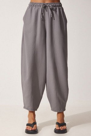 Женские серые льняные брюки-шалвар из вискозы с карманами CV00001