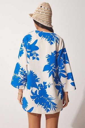 Женское льняное вискозное кимоно синего кремового цвета с рисунком BH00381