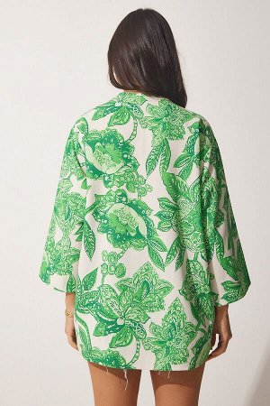 Женское льняное вискозное кимоно зеленого, бежевого цвета с рисунком BH00381