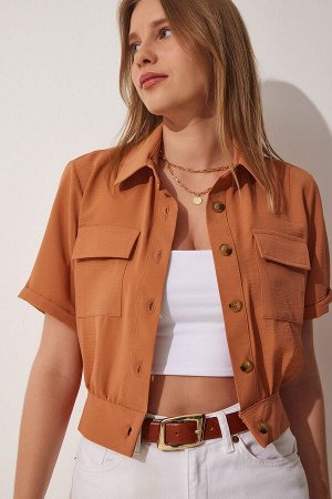 Женская летняя льняная вискозная куртка персикового цвета с карманами и короткими рукавами DD00924
