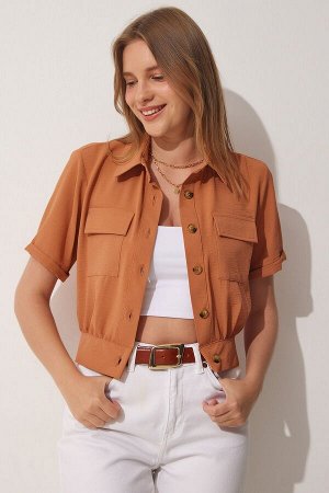 Женская летняя льняная вискозная куртка персикового цвета с карманами и короткими рукавами DD00924