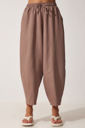 Женские льняные брюки-шалвар из вискозы с карманами из норки CV00001