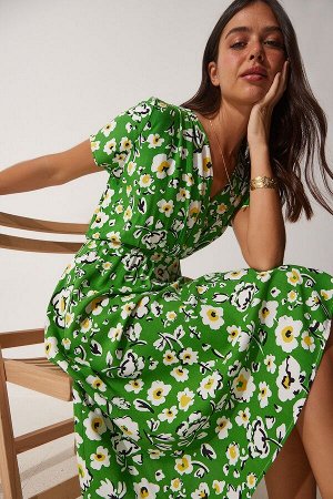Женское вискозное платье зеленого цвета с цветочным принтом и воротником-стойкой CI00085