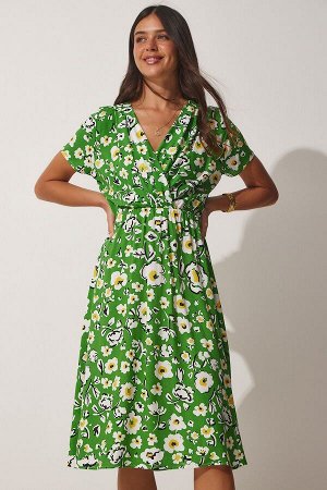 happinessistanbul Женское вискозное платье зеленого цвета с цветочным принтом и воротником-стойкой CI00085