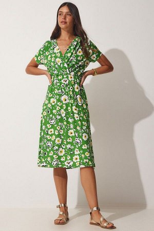 Женское вискозное платье зеленого цвета с цветочным принтом и воротником-стойкой CI00085