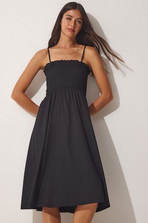 Женское черное летнее тканое платье с рюшами и бретелями DD01228