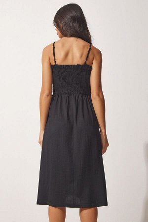 Женское черное летнее тканое платье с рюшами и бретелями DD01228