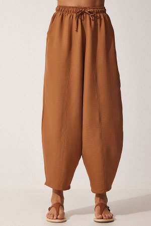 Женские льняные брюки-шалвар светло-коричневого цвета с карманами из вискозы CV00001