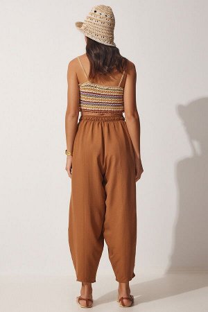 Женские льняные брюки-шалвар светло-коричневого цвета с карманами из вискозы CV00001