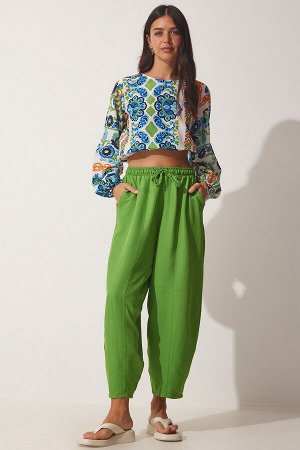 Женские яркие зеленые льняные брюки-шалвар из вискозы с карманами CV00001