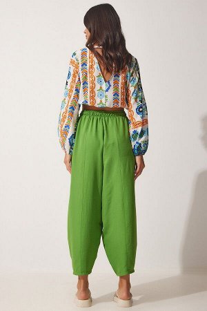 Женские яркие зеленые льняные брюки-шалвар из вискозы с карманами CV00001