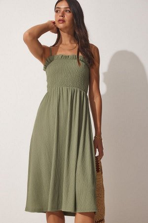 Женское летнее тканое платье цвета хаки с лямками и оборками DD01228