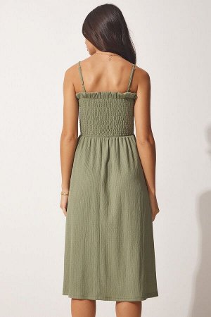 Женское летнее тканое платье цвета хаки с лямками и оборками DD01228