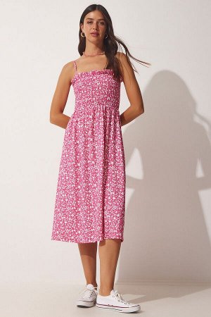 Женское розовое летнее вискозное платье с цветочным принтом на бретелях DD01232