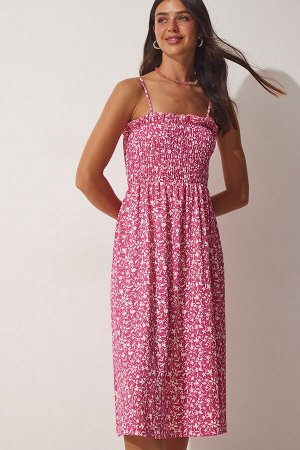 Женское розовое летнее вискозное платье с цветочным принтом на бретелях DD01232
