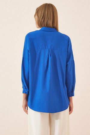 Женская темно-синяя длинная базовая рубашка оверсайз DD00842
