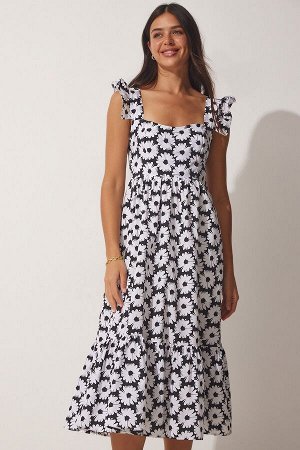 Женское черное летнее платье с квадратным воротником и рюшами на рукавах TO00059