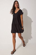 Женское черное летнее расклешенное трикотажное платье с v-образным вырезом и воланами DZ00079