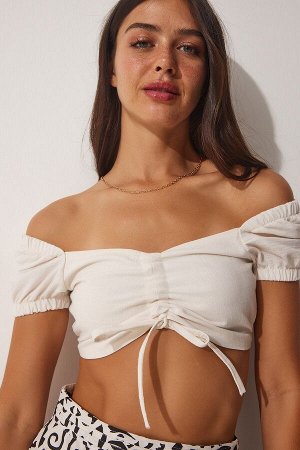 Женская белая укороченная блузка из смесового льна в сборку BV00065