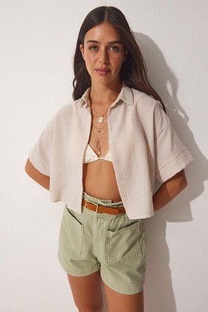 Женская кремовая льняная укороченная рубашка HG00003