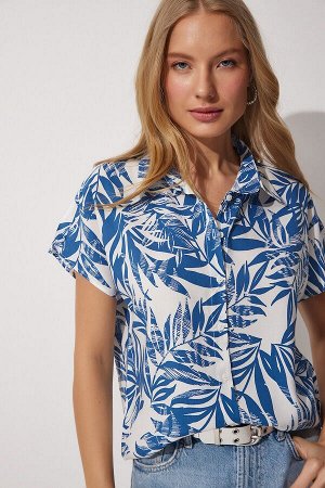 Женская вискозная рубашка с коротким рукавом, бело-синяя с цветочным узором BH00408