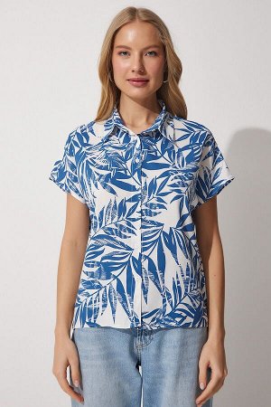 Женская вискозная рубашка с коротким рукавом, бело-синяя с цветочным узором BH00408