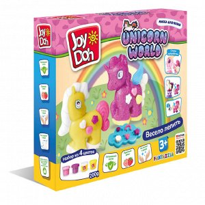 Масса для лепки Joy Doh, набор UNICORN WORLD - МИР ЕДИНОРОГОВ, 3D формы, украшения, 21 аксессуар, 4 баночки с тестом  с блестками, (4 х 50 грамм)