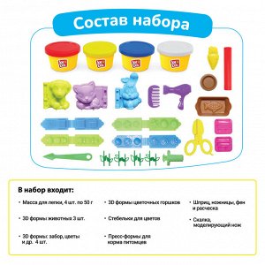 Масса для лепки Joy Doh, набор PET FRIENDS - ДОМАШНИЕ ЖИВОТНЫЕ, 3d формы, 26 аксесуаров, 4 баночки с тестом,  (4 х 50г.)
