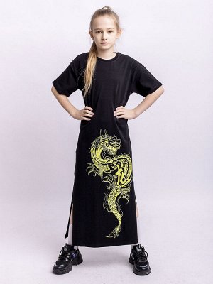 Платье для девочки длинное черное короткий рукав с принтом