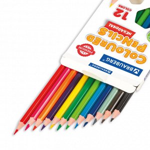 Карандаши цветные BRAUBERG PREMIUM, 12 цветов, пластиковые,шестигранные, грифель мягкий 3 мм, 181666