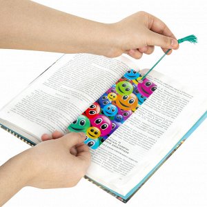 Закладка для книг с линейкой 3D ОБЪЕМНАЯ BRAUBERG, Смайлики, с декоративным шнурком, 128096