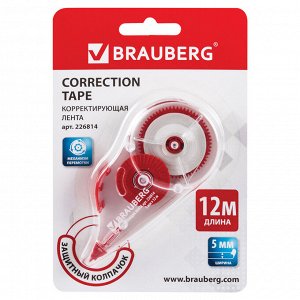 Корректирующая лента BRAUBERG 5мм х 12м, корпус прозрачный, механизм перемотки, блистер, 226814